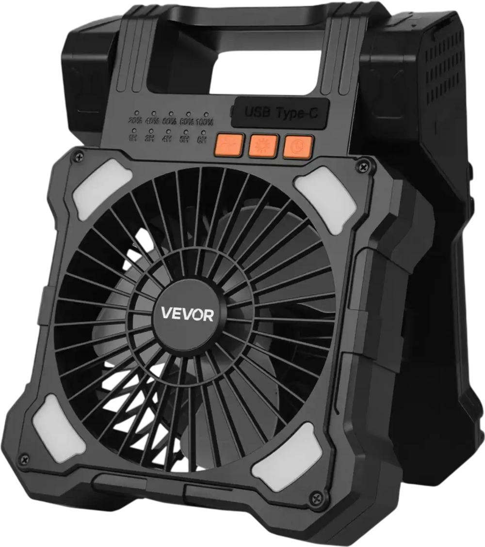 VEVOR 20000mAh Rechargeable Solar Fan with LED Lantern, 8 inch Portable Fan Cordless with 7W Foldable Solar Panel, 5-Speed& Timer& Quiet,USB Battery Powered for Camping Tent Worksite Office Desk