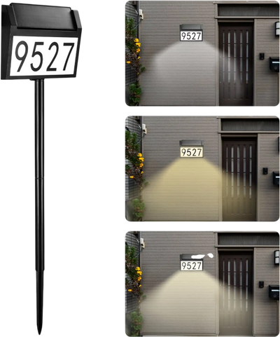 VEVOR Solar Address Sign, 3 Colors House Numbers for Outsides, Waterproof Illuminated LED Address Plaques with Stakes, Wall-Mounted or Floor-Plugged Home Number Sign for Outdoor Yard Garden Street