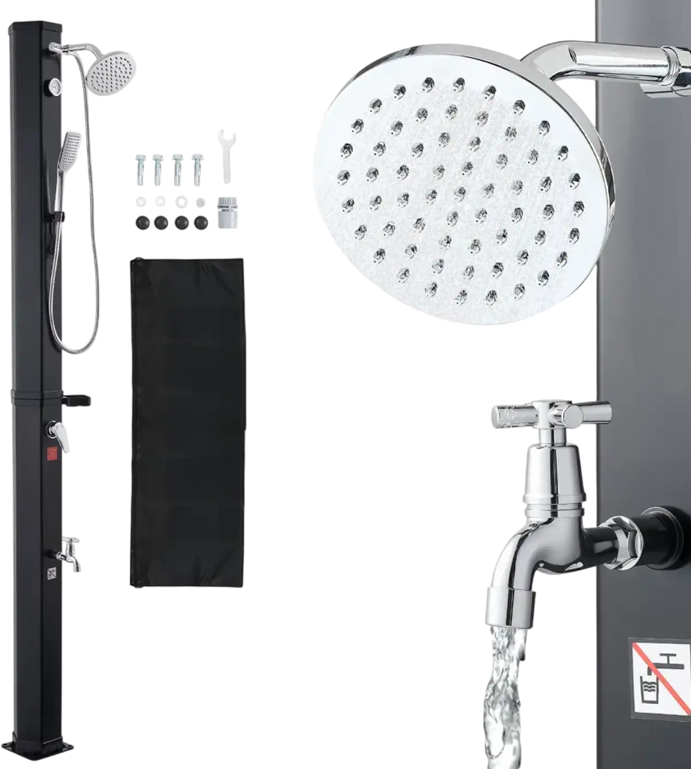 VEVOR 10.6 Gal Solar Heated Shower, 6.7ft Showerhead Height Outdoor Shower, with Handheld & Foot Faucet, Hot & Cold Water Adjustment, Freestanding for Backyard Poolside Beach Pool, Black
