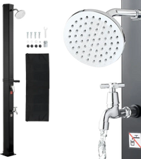 VEVOR 9.2 Gal Solar Heated Shower, 6.4ft Showerhead Height Outdoor Shower, with Foot Faucet & Soap Box Rack, Hot & Cold Water Adjustment, Freestanding for Backyard Poolside Beach Pool,Black