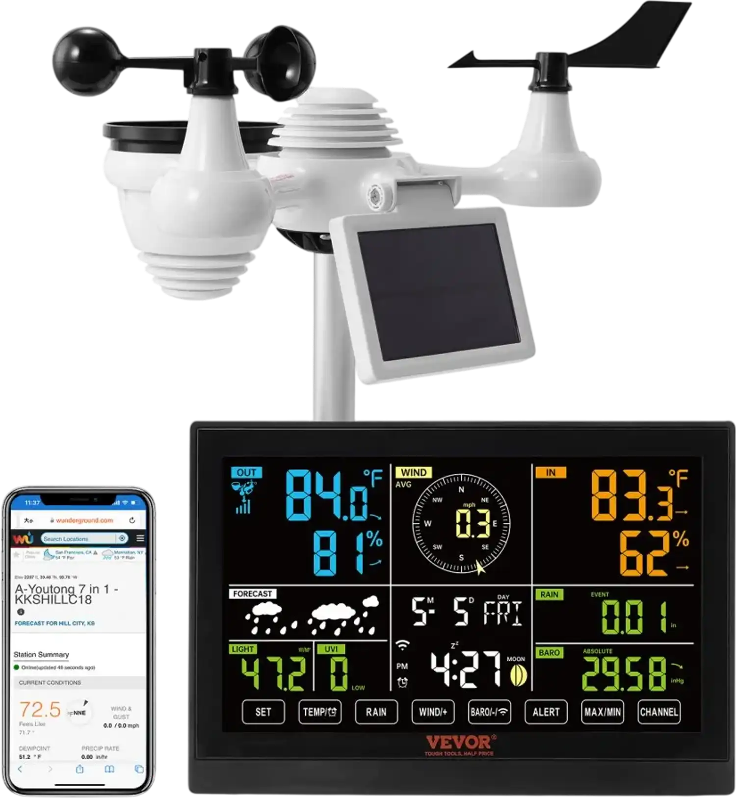 Vevor Weather Station 7-in-1 Wi-Fi Home Indoor Outdoor with 7.5