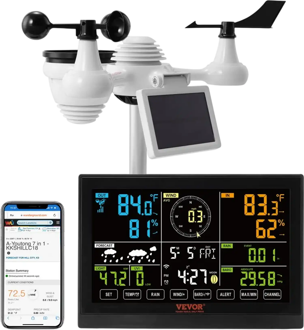 VEVOR 7-in-1 Wi-Fi Weather Station, 7.5 in Color Display, Home Weather Station Indoor Outdoor, with Solar Wireless Outdoor Sensor  Alarm Alerts, for Temperature Humidity Wind Speed/Direction Rain