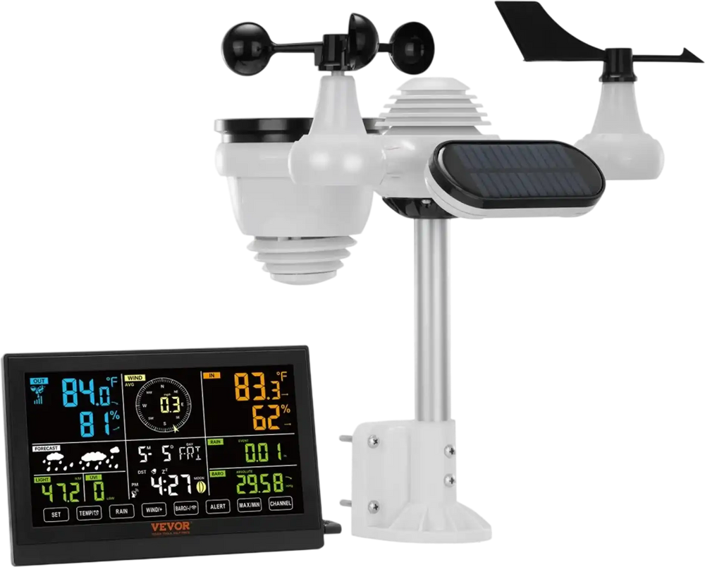 VEVOR 7-in-1 Wireless Weather Station, 7.5 in Color Display, Digital Weather Station Indoor Outdoor, for Temperature Humidity Wind Speed/Direction Rain UV, with Forecast Data, Alarm, Alerts-NO WIFI