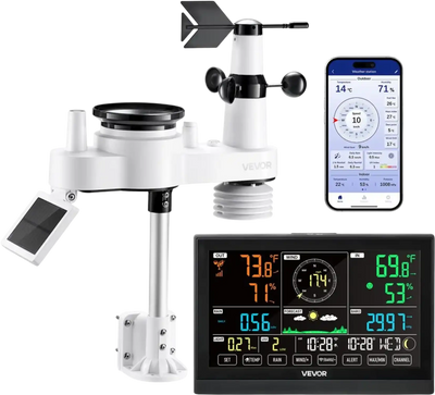 VEVOR 7-in-1 Wi-Fi Weather Station with APP, 7.5-Inch VA Display, Wireless Solar Powered Outdoor Sensor, Rain Gauge, Indoor Outdoor for Weather Forecast, Wind Speed, Temperature, Humidity, Rainfall