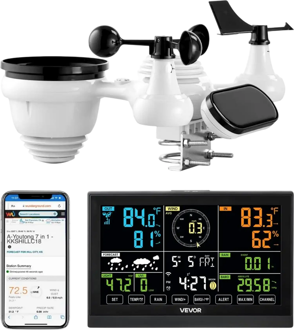 VEVOR 7-in-1 Wi-Fi Weather Station, 7.5-Inch VA Display, Solar Powered Wireless Outdoor Sensor, Home Weather Station Indoor Outdoor, for Temperature, Humidity, Wind Speed/Direction, Rainfall, No APP