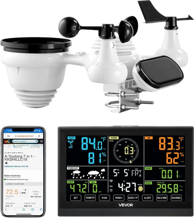 Vevor Weather Station 7-in-1 Wi-Fi Solar Powered Wireless Outdoor Sensor with 7.5