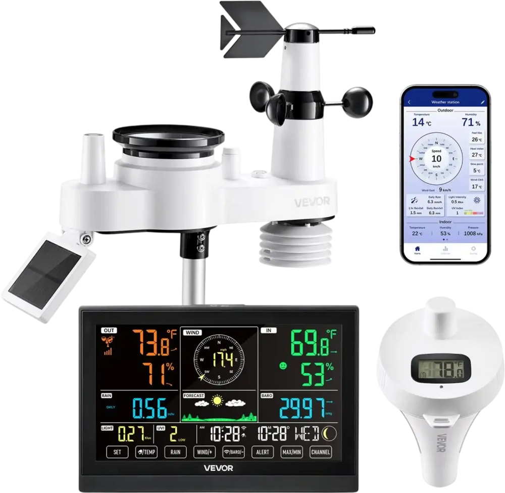 VEVOR 7-in-1 Wi-Fi Weather Station with APP, 7.5 in Display, Wireless Solar Powered Outdoor Sensor, with Pool Thermometer, Rain Gauge, Indoor Outdoor for Weather Forecast, Wind Speed, Pool Temperature