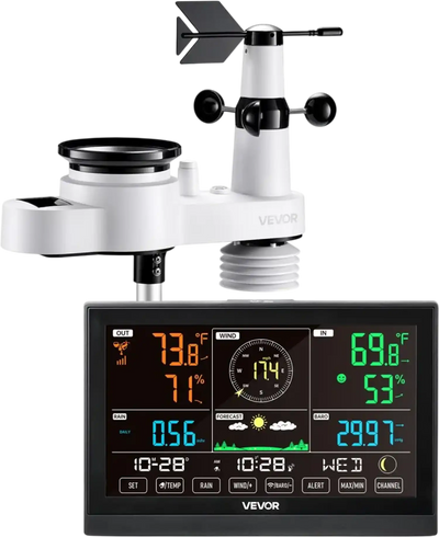 VEVOR 5-in-1 Wireless Weather Station, 7.5-Inch VA Display, Solar Powered Outdoor Sensor, Rain Gauge, Indoor Outdoor for Weather Forecast, Temperature, Humidity, Wind Speed and Direction (No WiFi)
