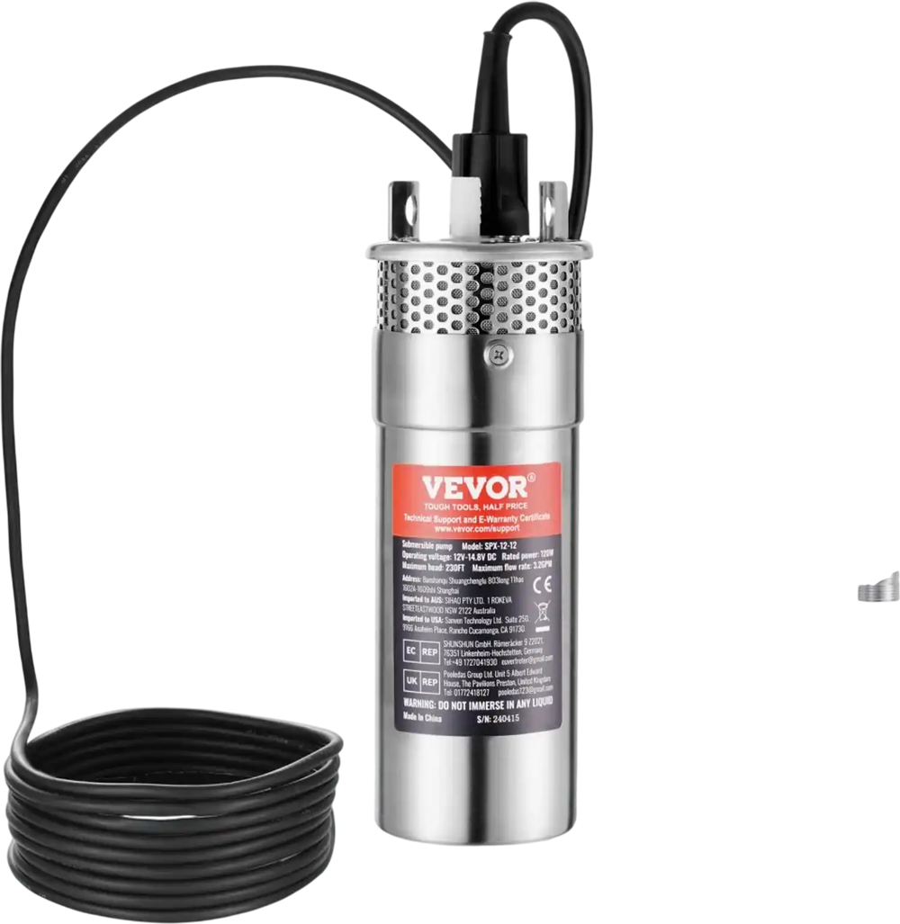 VEVOR Solar Water Pump, 12V DC 120W Submersible Deep Well Pump, Max Flow 3.2 GPM, Max Head 230 ft, Max Submersion 98.4 ft, Solar Powered Water Pump for Well