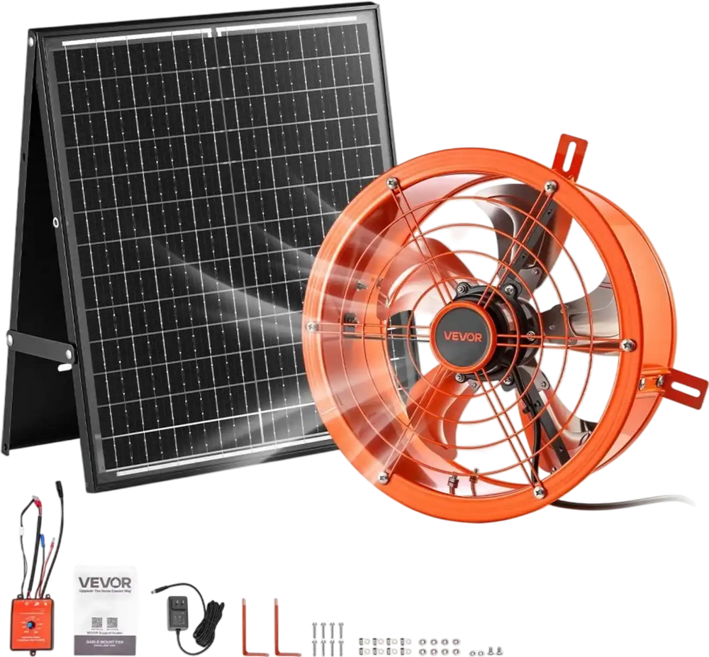 VEVOR Gable Mount Fan, 12 inch Solar Attic Vent Exhaust Fan Carbon Steel, 900 CFM Cooling and Ventilation for Roof, Greenhouse, Garage, Shop, Small Spaces, with Thermostat and Power Adapter, Orange