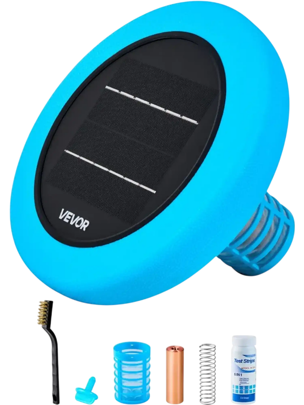 VEVOR Solar Pool Ionizer, Round Copper Pool Ionizer Up to 45000 Gal, Floating Automatic Water Cleaner and Purifier, Chlorine Free Water, with Copper Anode, Spring, Brush and Filter for Pools & Spas