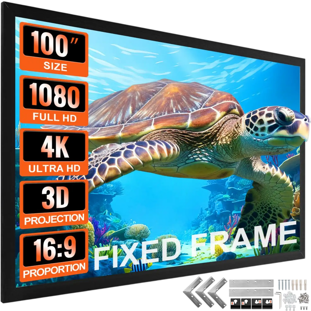VEVOR Projector Screen Fixed Frame 100inch Diagonal 16:9 4K HD Movie Projector Screen with Aluminum Frame Projector Screen Wall Mounted for Home Theater Office Use