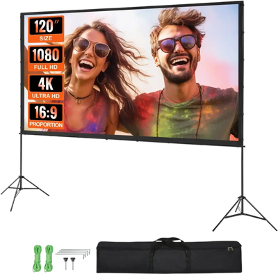 VEVOR Projector Screen with Stand, 120 inch 16:9 4K 1080 HD Outdoor Movie Screen with Stand, Wrinkle-Free Projection Screen with Tripods and Carry Bag, for Home Theater Cinema Backyard Movie Night