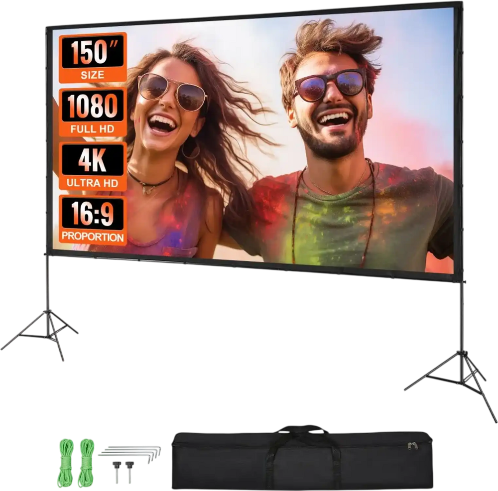 VEVOR Projector Screen with Stand, 150 inch 16:9 4K 1080 HD Outdoor Movie Screen with Stand, Wrinkle-Free Projection Screen with Tripods and Carry Bag, for Home Theater Cinema Backyard Movie Night