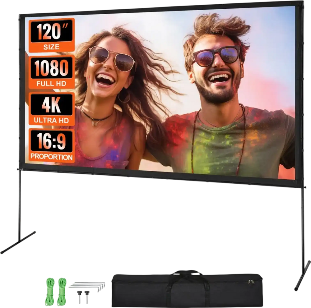 VEVOR Projector Screen with Stand, 120 inch 16:9 4K 1080 HD Outdoor Movie Screen with Stand, Wrinkle-Free Projection Screen with Bar Feet and Carry Bag, for Home Theater Cinema Backyard Movie Night