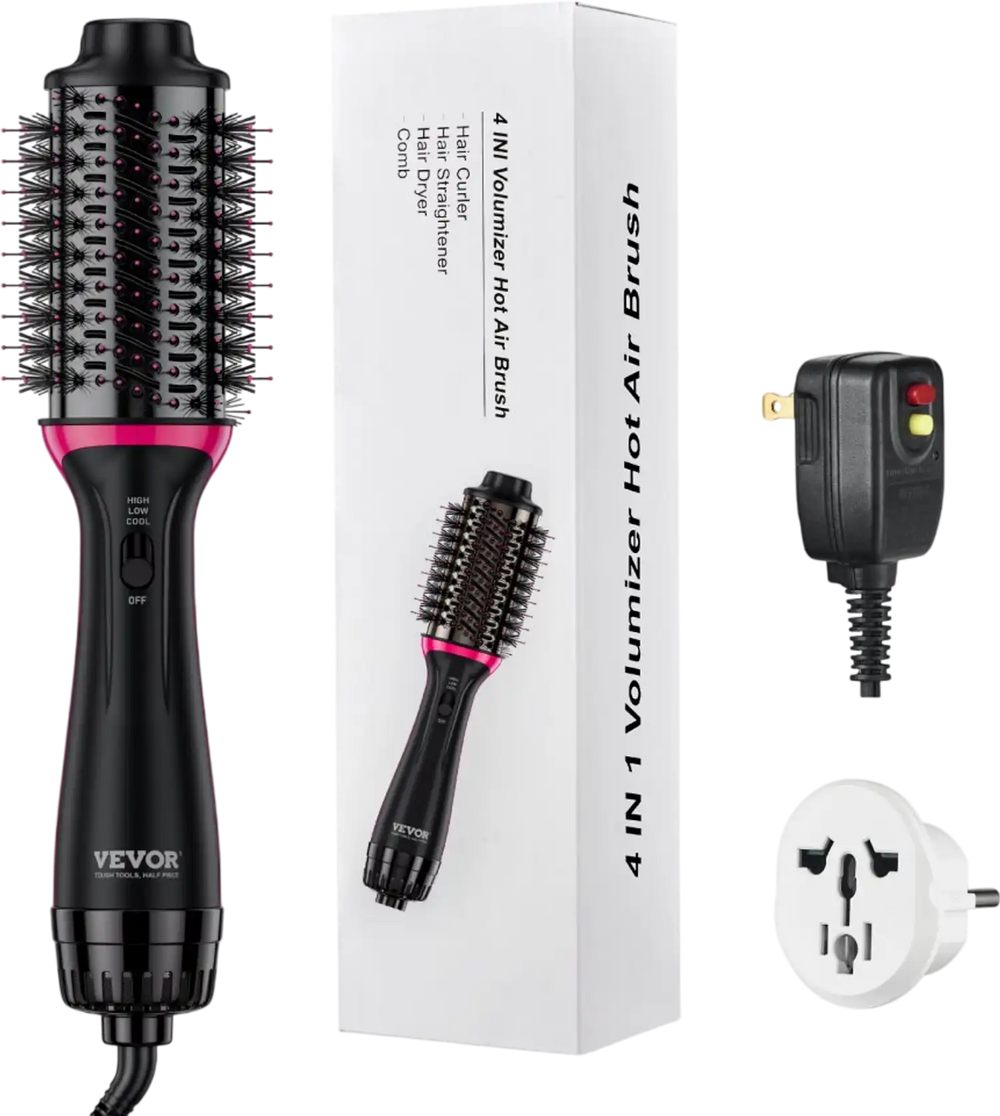 VEVOR Hair Blow Dryer Brush, 4 in 1 Ionic Hair Styler and Volumizer with Electroplated Titanium & 2.56" Ceramic Coating Oval Barrel, Dual Voltage 110V/240V Hot Air Styling Brush for Salon Home Travel