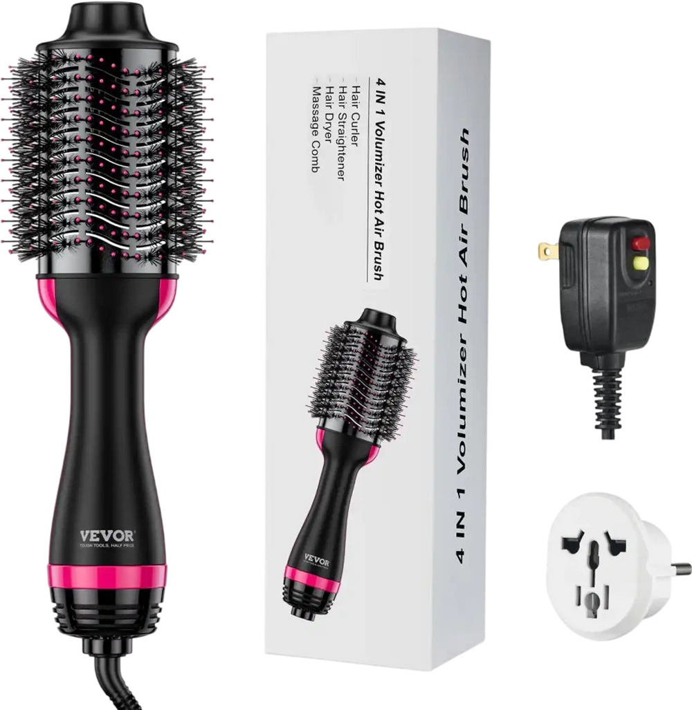 VEVOR Hair Blow Dryer Brush, 4 in 1 Ionic Hair Styler and Volumizer with Electroplated Titanium & 2.95" Ceramic Coating Oval Barrel, Dual Voltage 110V/240V Hot Air Styling Brush for Salon Home Travel