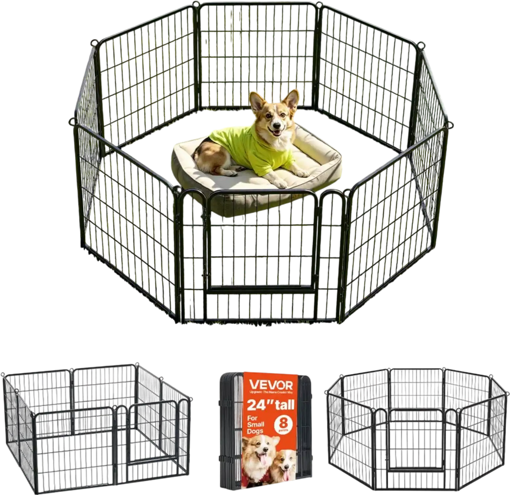 VEVOR Dog Playpen 24 Inch 8 Panels Foldable Metal Exercise Pen Pet Fence, Indoor/Outdoor Heavy Duty Puppy Crate Kennel with Door for Dogs, Cats or Small Animals, Portable for RV Camping, Yard, Black