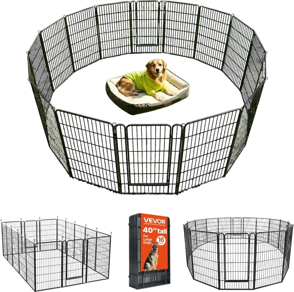 VEVOR Dog Playpen 40 Inch 16 Panels Foldable Metal Exercise Pen Pet Fence, Indoor/Outdoor Heavy Duty Puppy Crate Kennel with Door for Large/Small Dogs and Cats, Portable for RV Camping, Yard, Black
