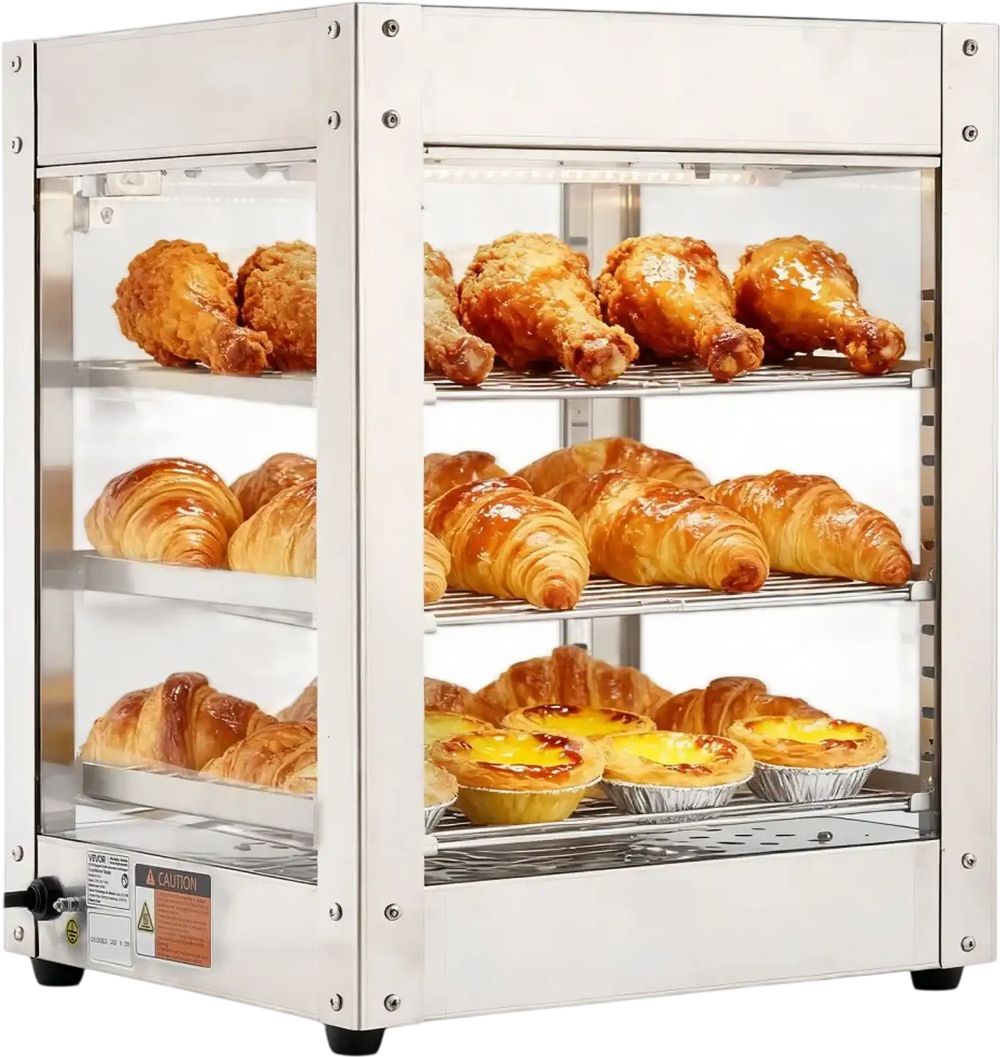 VEVOR 3-Tier Commercial Food Warmer Display, 800W Food Display Warmer with LED Light, Adjustable Shelf and Stainless Steel Frame, 86℉~185℉ Air Heating, 34L for Hamburger, Pizza, Bread, Fried Chicken