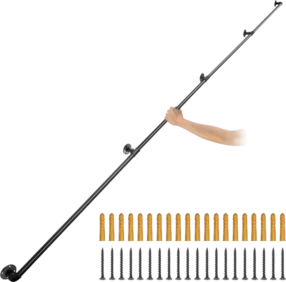 VEVOR Pipe Stair Handrail, 13FT Staircase Handrail, 440LBS Load Capacity Carbon Steel Pipe Handrail, Industrial Pipe Handrail with Wall Mount Support, Round Corner Wall Handrailing for Indoor, Outdoor