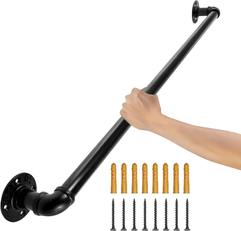 VEVOR Pipe Stair Handrail, 3FT Staircase Handrail, 440LBS Load Capacity Carbon Steel Pipe Handrail, Industrial Pipe Handrail with Wall Mount Support, Round Corner Wall Handrailings for Indoor, Outdoor