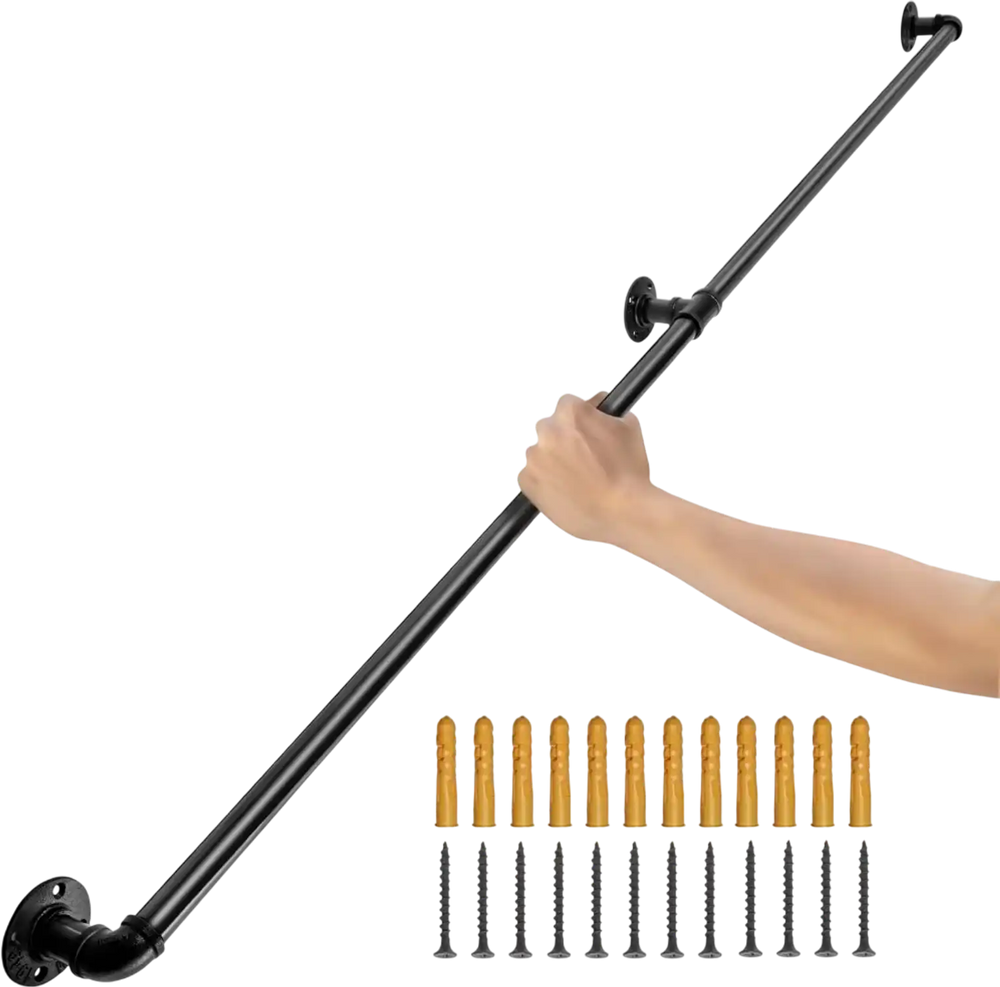 VEVOR Pipe Stair Handrail, 5FT Staircase Handrail, 440LBS Load Capacity Carbon Steel Pipe Handrail, Industrial Pipe Handrail with Wall Mount Support, Round Corner Wall Handrailings for Indoor, Outdoor