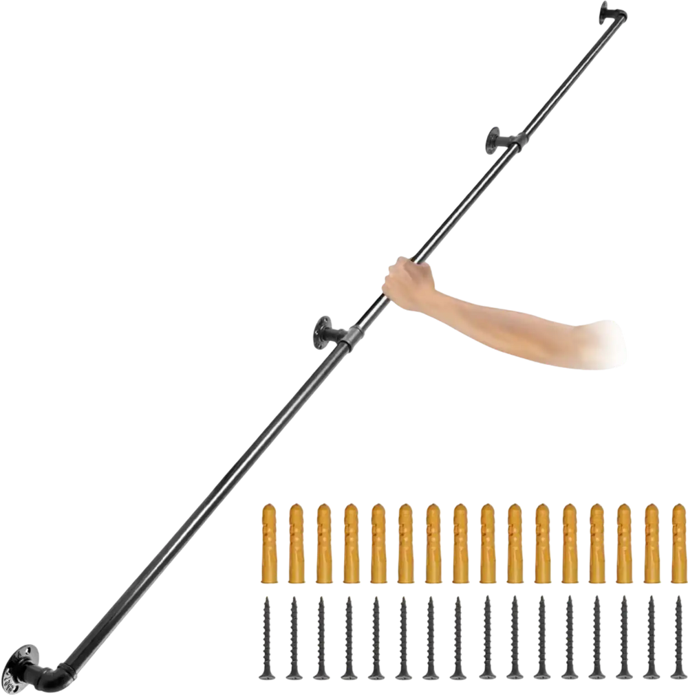 VEVOR Pipe Stair Handrail, 8FT Staircase Handrail, 440LBS Load Capacity Carbon Steel Pipe Handrail, Industrial Pipe Handrail with Wall Mount Support, Round Corner Wall Handrailings for Indoor, Outdoor