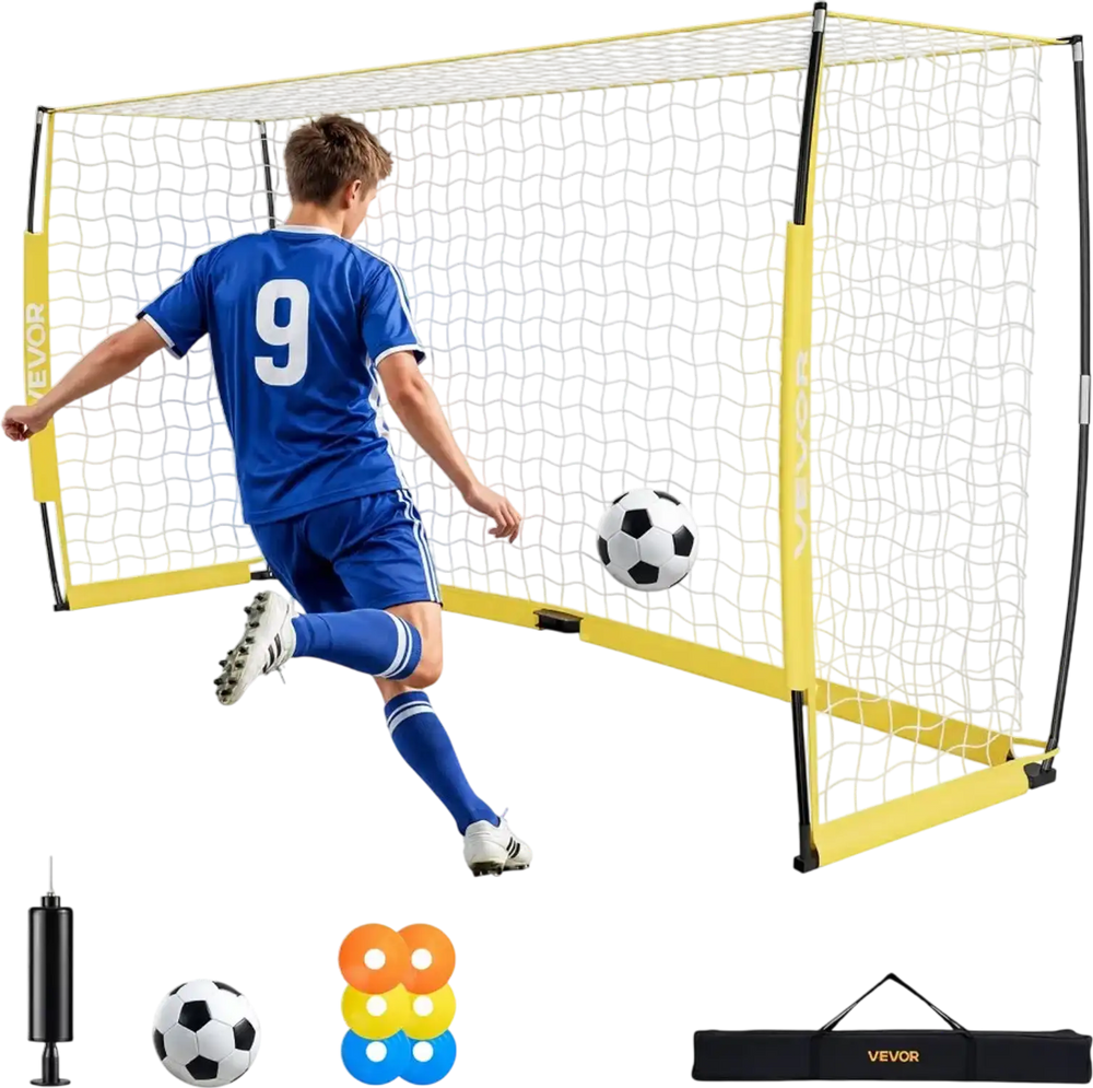 VEVOR Soccer Goal 12 x 6 FT Soccer Net for Backyard Collapsible Base Yellow, Portable & Quick Setup, with Metal Base, Carry Bag, Ground Stakes, for Youth & Adults Outdoor Backyard Practice Training