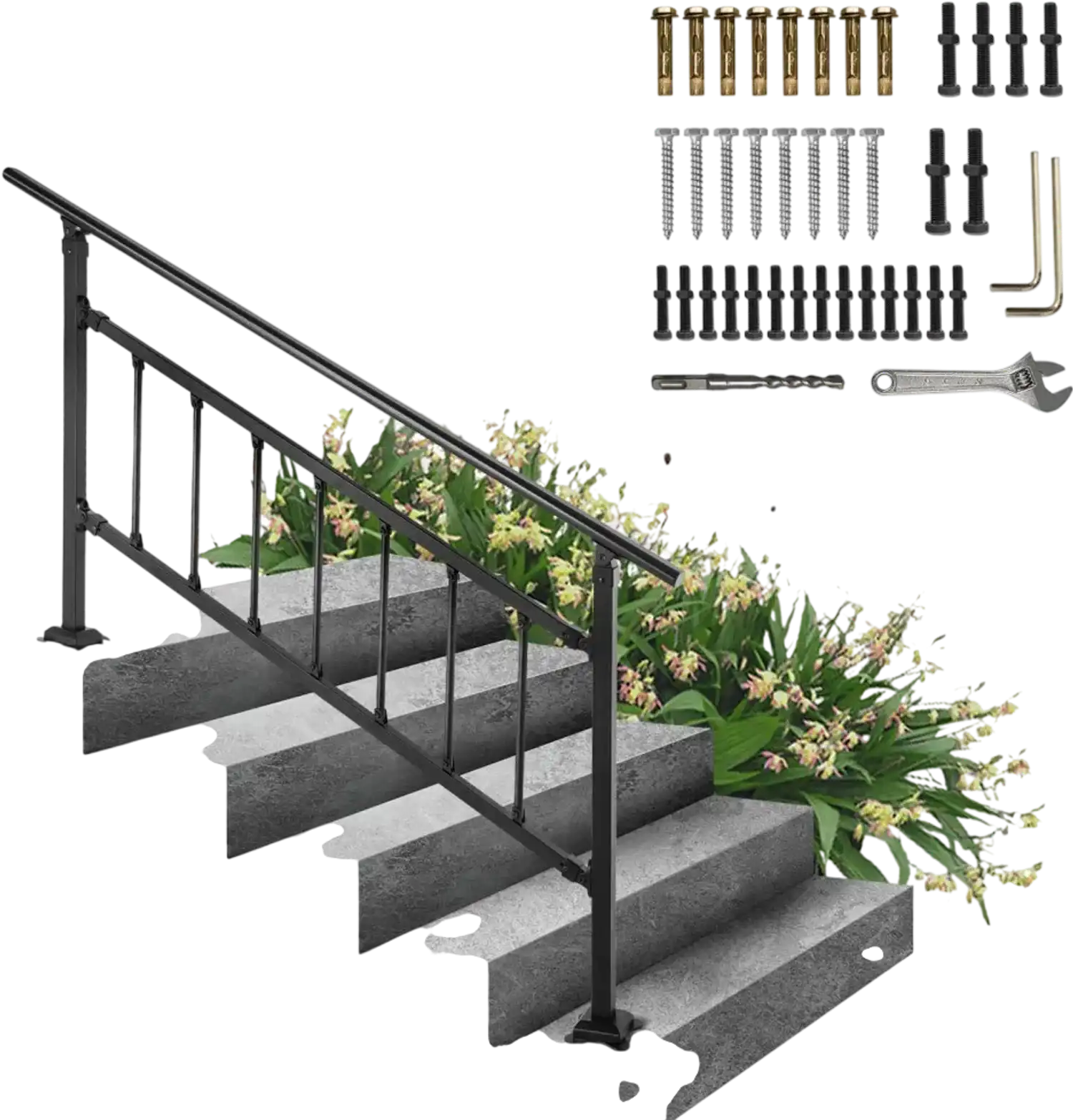 Vevor Stair Railing Outdoor Adjustable Wrought Iron Handrail for 0-5 Steps Black New
