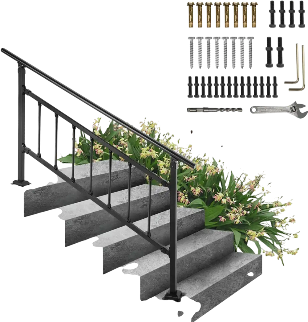 VEVOR Outdoor Stair Railing, Fits for 1-5 Steps Transitional Wrought Iron Handrail, Adjustable Exterior Stair Railing with Fence, Handrails for Concrete Steps with Installation Kit, Matte Black