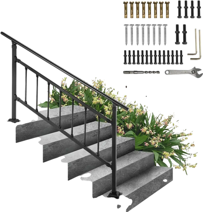 VEVOR Outdoor Stair Railing, Fits for 1-5 Steps Transitional Wrought Iron Handrail, Adjustable Exterior Stair Railing with Fence, Handrails for Concrete Steps with Installation Kit, Matte Black
