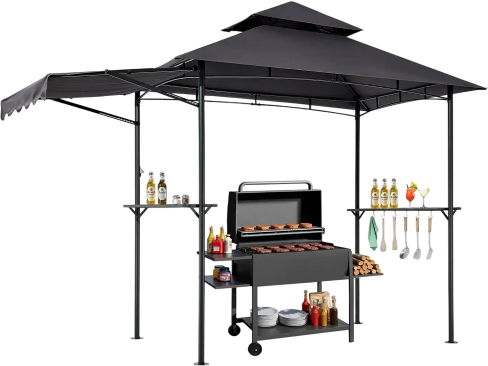 VEVOR Grill Gazebo, 8 x 5 ft Double-Tiered Top, BBQ Gazebo with Extra Awning, Powder-Coated Steel Patio Grill Shelter with 2 Side Shelves, Bottle Opener & Hooks, Outdoor Grilling Canopy for Garden