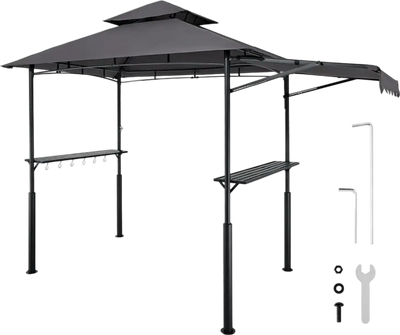 VEVOR Grill Gazebo, 8 x 5 ft Double-Tiered Top, Reinforced BBQ Gazebo with Extra Awning, Powder-Coated Steel Patio Grill Shelter with 2 Side Shelves & Hooks, Outdoor Grilling Canopy for Garden