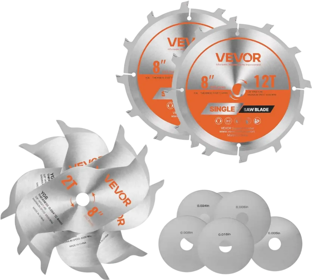 VEVOR Dado Blade Set, 8 inch Diameter, 12 Sharp Alloy Teeth, 5/8 inch Arbor, Fine Finish, Stacking Dado Blades with Chippers and Shims, Noise-Reducing Heat Vents, for Cutting Plywood, OSB, Hardwood