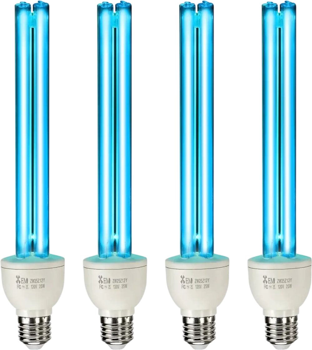 VEVOR UV Light Bulb, 4 Pack, 25W Replacement Ultraviolet UVC Lamp with Ozone, 253.7 nm + 185 nm Wavelength UVO Light Bulb, E27 Universal, for 400 sqft Living Room, Classroom, Office, Restaurant