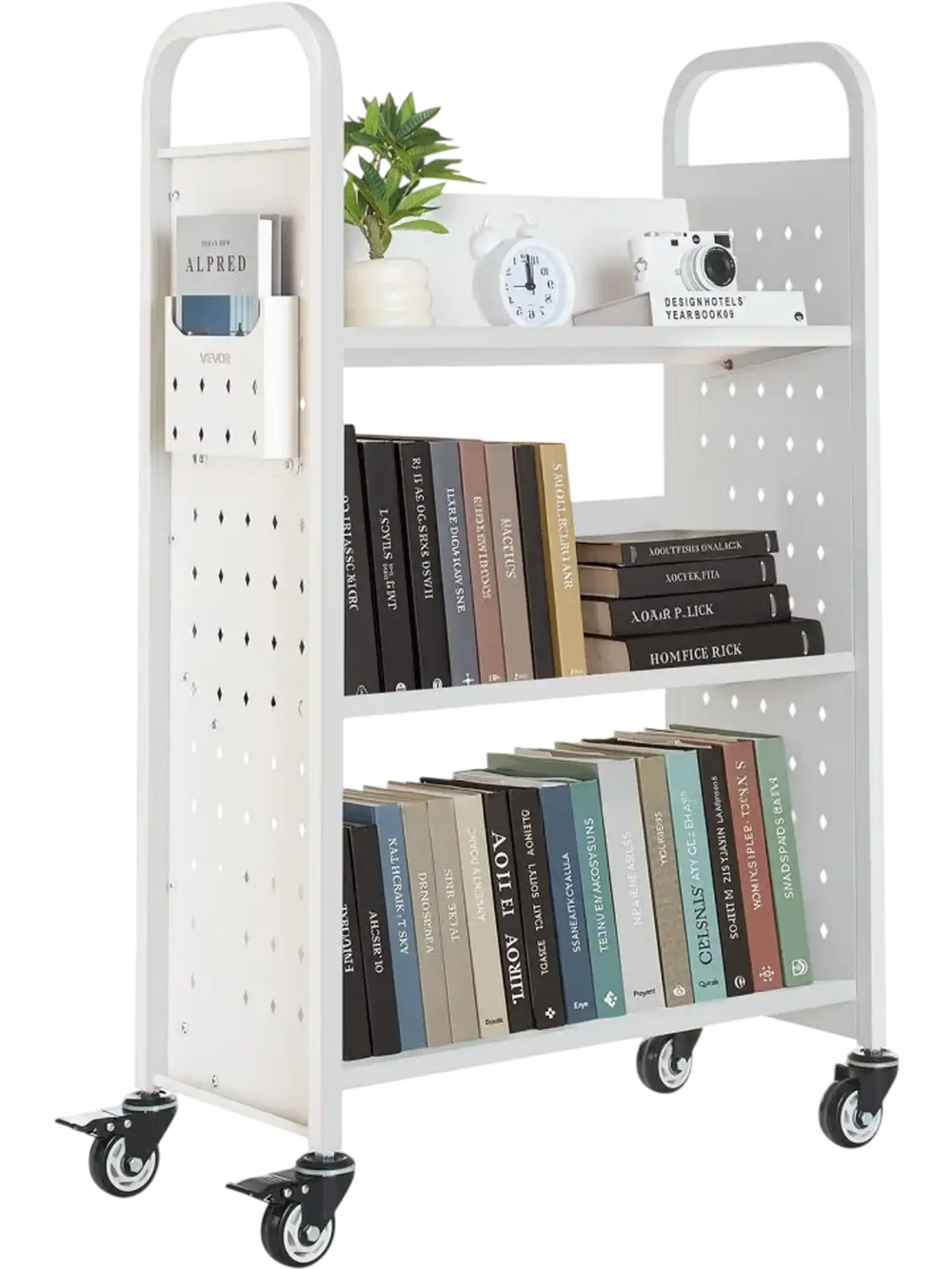 VEVOR Rolling Library Book Cart, 330 lbs Capacity, 30.3 x 15 x 48.0-Inch Library Cart, Single Sided V-Shaped Shelves with 3-Inch Lockable Wheels, Book Truck for Home Shelves Office and School, White
