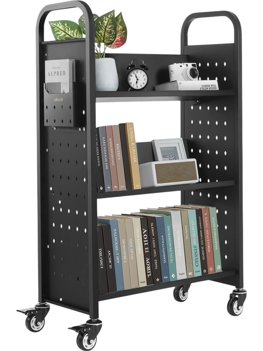 VEVOR Rolling Library Book Cart, 330 lbs Capacity, 30.3 x 15 x 48.0-Inch Library Cart, Single Sided V-Shaped Shelves with 3-Inch Lockable Wheels, Book Truck for Home Shelves Office and School, Black