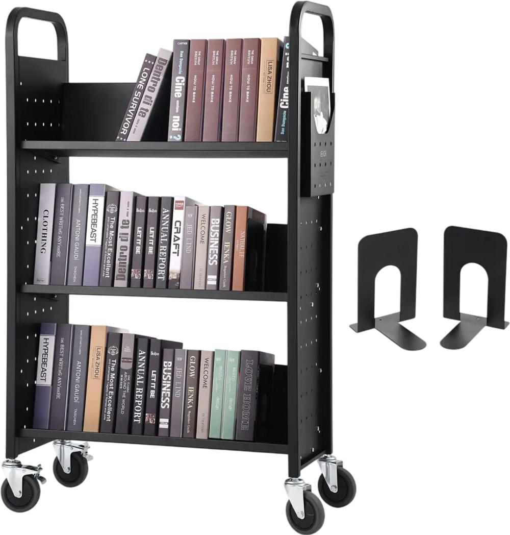VEVOR Book Cart, 330 lbs Library Cart, 31.1" x 15.2" x 49.2" Rolling Book Cart, Single Sided V-Shaped Sloped Shelves with 4-Inch Lockable Wheels for Home Shelves Office and School, Book Truck in Black