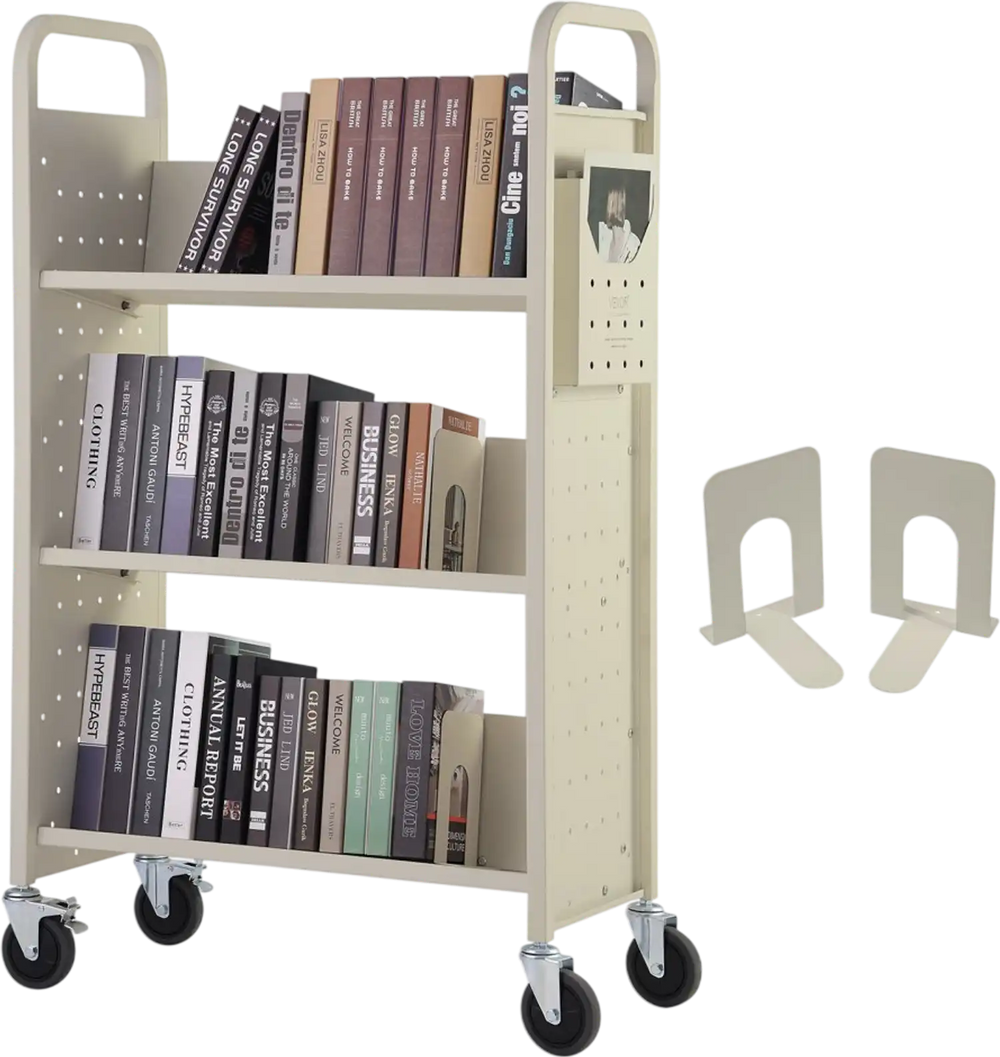 VEVOR Book Cart, 330 lbs Library Cart, 31.1" x 15.2" x 49.2" Rolling Book Cart, Single Sided V-Shaped Sloped Shelves with 4-Inch Lockable Wheels for Home Shelves Office and School, Book Truck in Cream