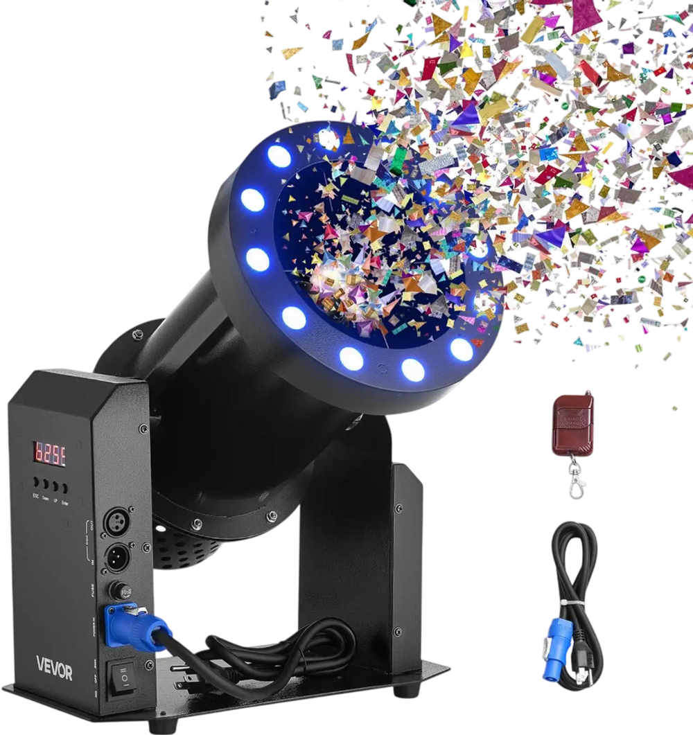 VEVOR Electric Confetti Machine with LED Lights, 1500W Powerful Output Confetti Cannon Launcher, DMX512, Manual & Remote Control, Portable Confe-tti Shooter for Wedding Christmas Event Show Stage
