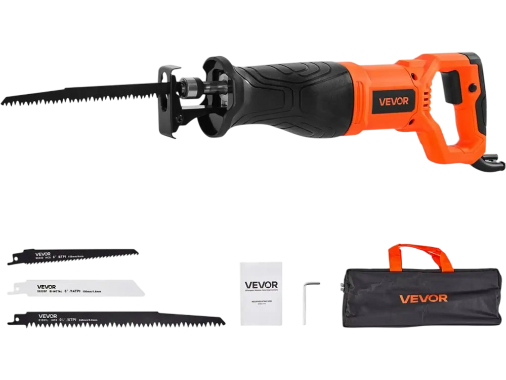 VEVOR Corded Reciprocating Saw, 120 Volt 7.5 Amp, 2800 SPM Variable Speed, 1-1/8 inch Stroke Length, Electric Reciprocating Saw with 8 Blades and Carrying Bag, for Wood, Metal, and Plastic Cutting