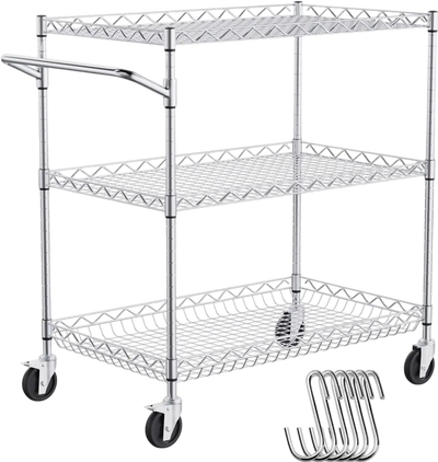 VEVOR Kitchen Utility Cart, 3 Tiers, Wire Rolling Cart with 661LBS Capacity, Steel Service Cart on Wheels, Metal Storage Trolley with 80mm Deep Basket Curved Handle 6 Hooks, for Indoor and Outdoor Use