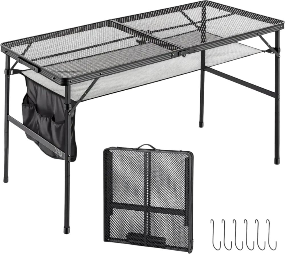 VEVOR Folding Grill Table 48x24 in Camping Tables 120lbs Capacity Aluminum, Compact for Picnic BBQ Tailgating, Adjustable Height, Outdoor Side Stand with Side Pocket, Portable Handle, Black Metal Mesh