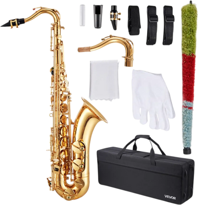 VEVOR Tenor Saxophone, B Flat, Professional Brass Saxophone Beginner Kit with Carrying Case, Mouthpiece, Straps, Cleaning Cloth, Gloves, Neck Strap, 23 Keys Tenor Sax Kit, for Beginners Students, Gold