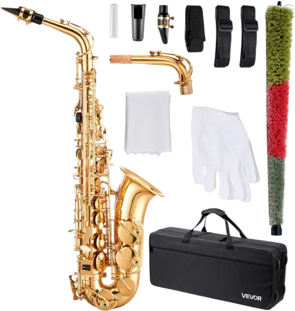 VEVOR Alto Saxophone, E Flat, Brass Saxophone Beginner Kit with Carrying Case, Mouthpiece, Straps, Cleaning Cloth Rod, Gloves, Grease, Neck Strap, 23 Keys Alto Sax Kit, for Beginners Students, Gold