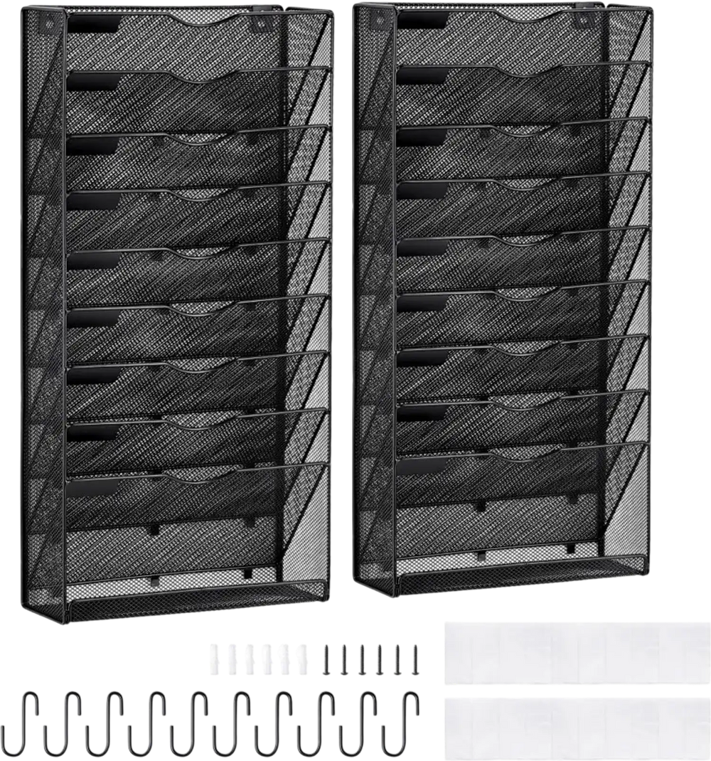 VEVOR File Wall Rack, Two-Piece 10 Pockets Mesh Wall File Holder, Wall Mounted Magazine Mail Paper & Document Storage Folder, Metal Wall File Organizer with Nametag Label, for Office Home & School