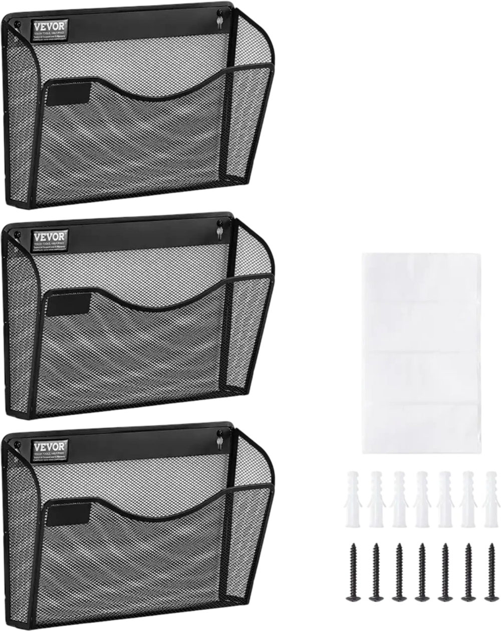 VEVOR File Wall Rack, Three-Piece 1 Pocket Mesh Wall File Holder, Wall Mounted Magazine Mail Paper & Document Storage Folder, Metal Wall File Organizer with Nametag Label, for Office Home & School