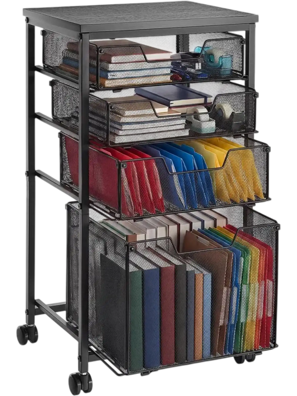 VEVOR Rolling File Cart 4-Tier Mobile Filing Cabinet with Wheels Drawers, for Home Office, Large Storage Capacity, Under Desk Hanging File Folder Organizer, with 45 lbs / 20.5 kg Max Load, Black