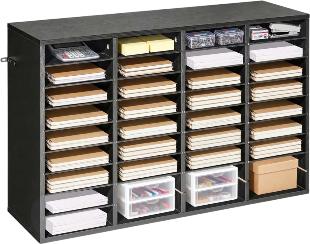 VEVOR Literature Organizer, 36 Compartments Office Mailbox with Detachable Shelves, Wooden Mailbox Sorter with Particle Board, Countertop Office Home Storage Organizer for File, Document, Paper, Black